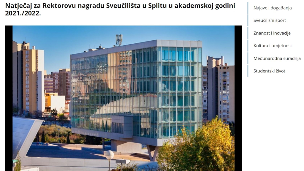 Natječaj za Rektorovu nagradu Sveučilišta u Splitu u akademskoj godini 2021./2022.